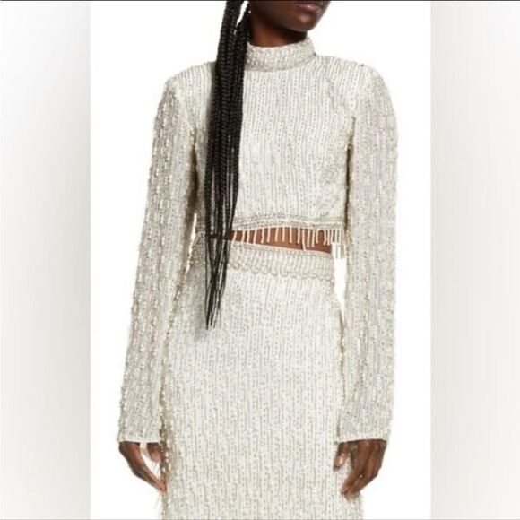 ASOS Edition Linear Fringe Pearl Embellished Crop Top With High Neck in White - Picture 10 of 13